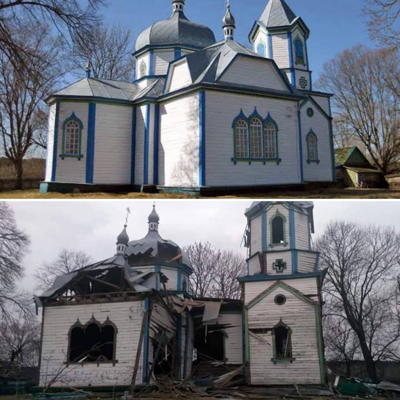 Zbudowana w 1862 r. cerkiew Narodzenia Najświętszej Marii Panny we wsi Wiazywka koło Żytomierza przed i po bombardowaniu 7 marca 2022 r. Fot. z komunikatora Telegram