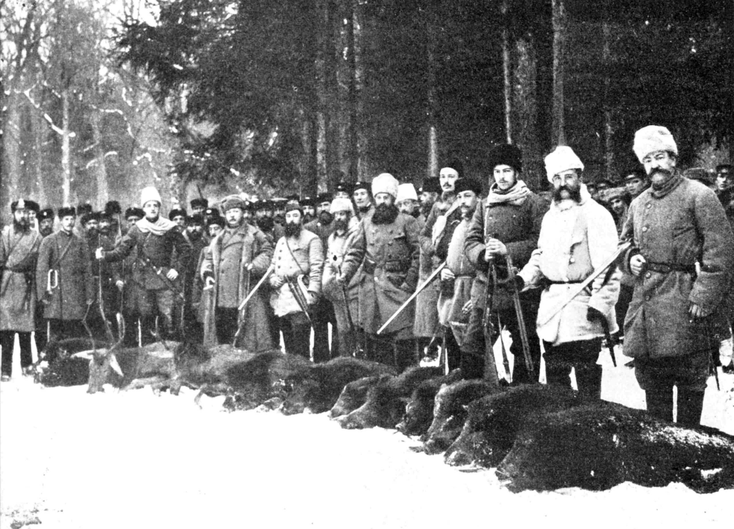 Jedna z pierwszych fotografii wykonanych w Puszczy Białowieskiej. Przedstawia uczestników polowania w grudniu 1885 r., stojących przy upolowanej zwierzynie
