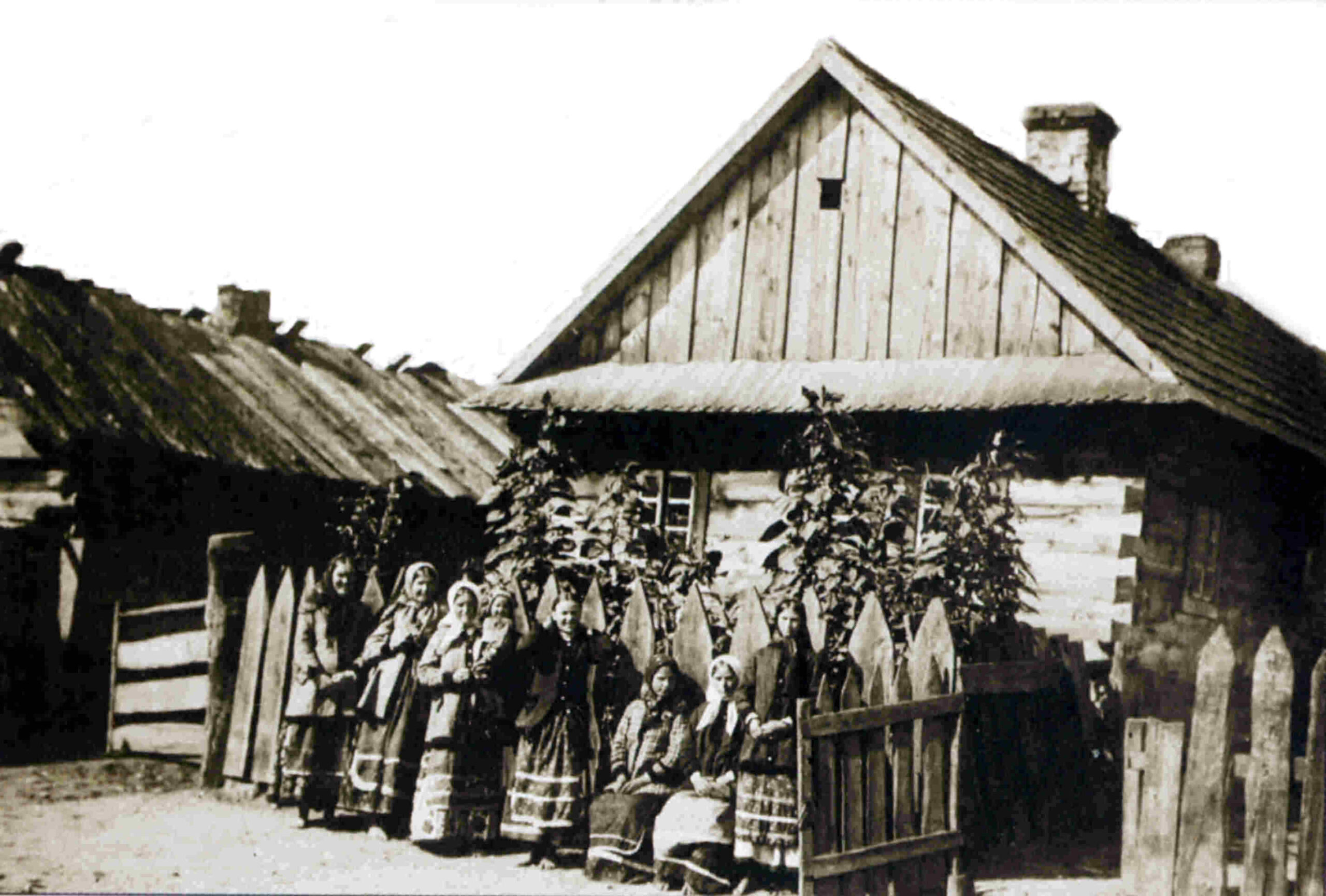 Grupa kobiet białowieskich przed domami. Rok 1886 lub 1887