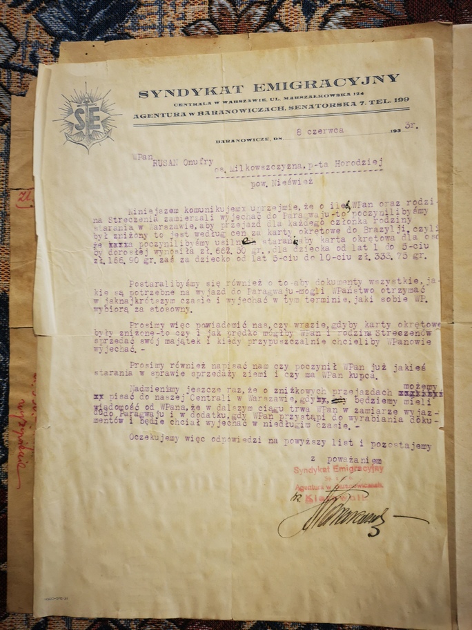 Ліст з аддзелу Эміграцыйнага сіндыкату ў Баранавічах з чэрвеня 1933 г.