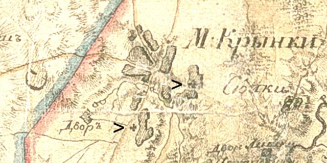 Fragment mapy rosyjskiej z 1800 roku. Oznaczono kościół i cerkiew w Krynkach